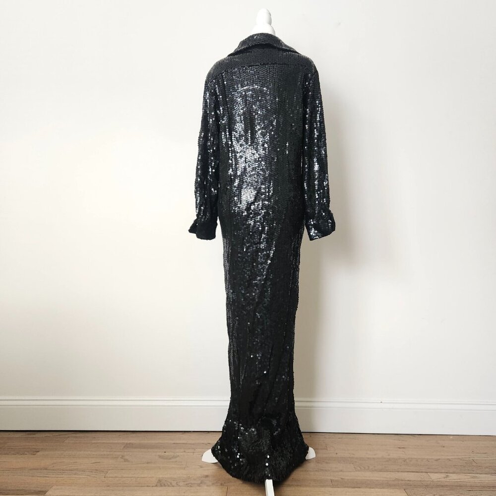 Vintage Halston Sequin Maxi Dress Size 12 Black Zip Collared‎ Formal Party 90s - Picture 5 of 16